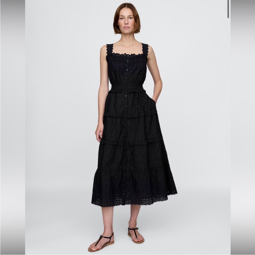 Black Eyelet Tiered Midi Dress - Women